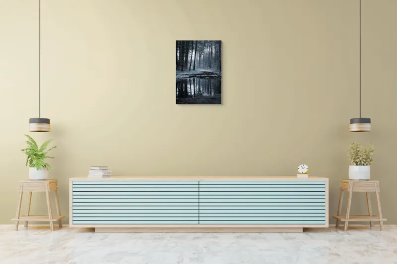 Tablou Canvas, "Reflecții în pădurea de iarnă", Pădure, Iarnă, Reflecție, Nori, Tranquilitate, Drum, Zăpadă, Copaci, Peisaj, Liniște, 50 x 70 cm – poza 6
