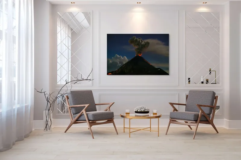 Tablou Canvas, "Erupția vulcanului în miez de noapte", Nor, Fum, Erupție, Noapte, Stele, Lumină, Lavă, Cer, Vulcan, Spectacol, Natură, Putere., 150 x 100 cm – poza 7