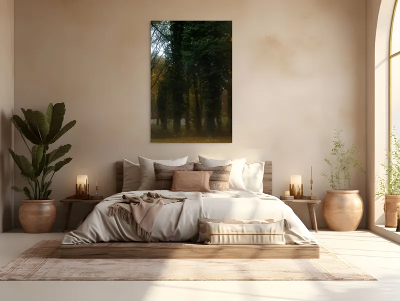 Tablou Canvas, "Forța liniștită a pădurii toamna", Copaci, Verdeață, Toamnă, Melancolie, Umbre, Natură, Frunze, 100 x 150 cm – poza 3