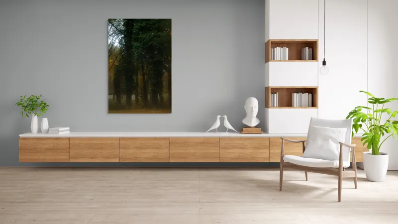 Tablou Canvas, "Forța liniștită a pădurii toamna", Copaci, Verdeață, Toamnă, Melancolie, Umbre, Natură, Frunze, 100 x 150 cm – poza 8