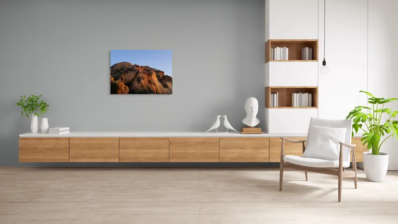 Tablou Canvas, "Stânci aurite la apus", Rocă, Apus, Textură, Umbre, Vegetație, Cer, Stâncă, Lumină, 100 x 70 cm – poza 6