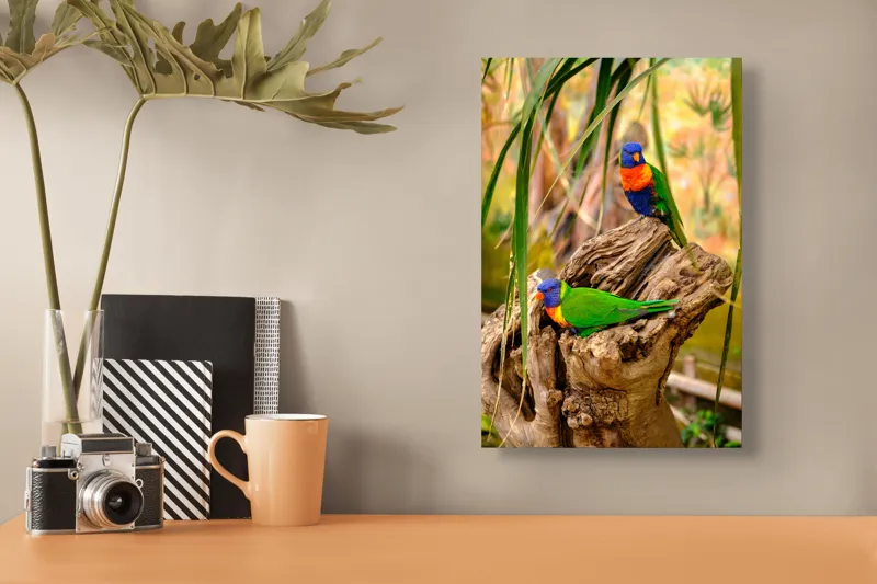 Tablou Canvas, "Papagali colorați pe trunchi pitoresc", Papagali, Culori, Viu, Natură, Trunchi, Frunziș, Pene, Verde, Portocaliu, Albastru, 26 x 39 cm – poza 3