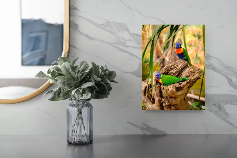 Tablou Canvas, "Papagali colorați pe trunchi pitoresc", Papagali, Culori, Viu, Natură, Trunchi, Frunziș, Pene, Verde, Portocaliu, Albastru, 26 x 39 cm – poza 4