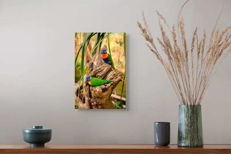 Tablou Canvas, "Papagali colorați pe trunchi pitoresc", Papagali, Culori, Viu, Natură, Trunchi, Frunziș, Pene, Verde, Portocaliu, Albastru, 26 x 39 cm – poza 5
