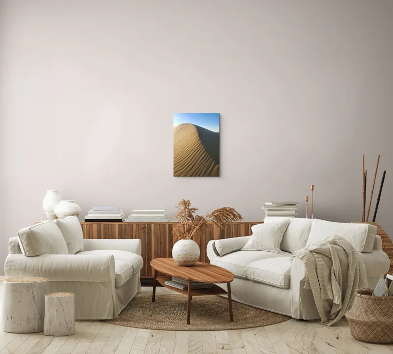 Tablou Canvas, "Umbra soarelui pe dunele lungi", Dună, Nisip, Umbră, Valuri, Lumină, Cer, Albastru, Textură, Colț, Natură, 39 x 54 cm – poza 5