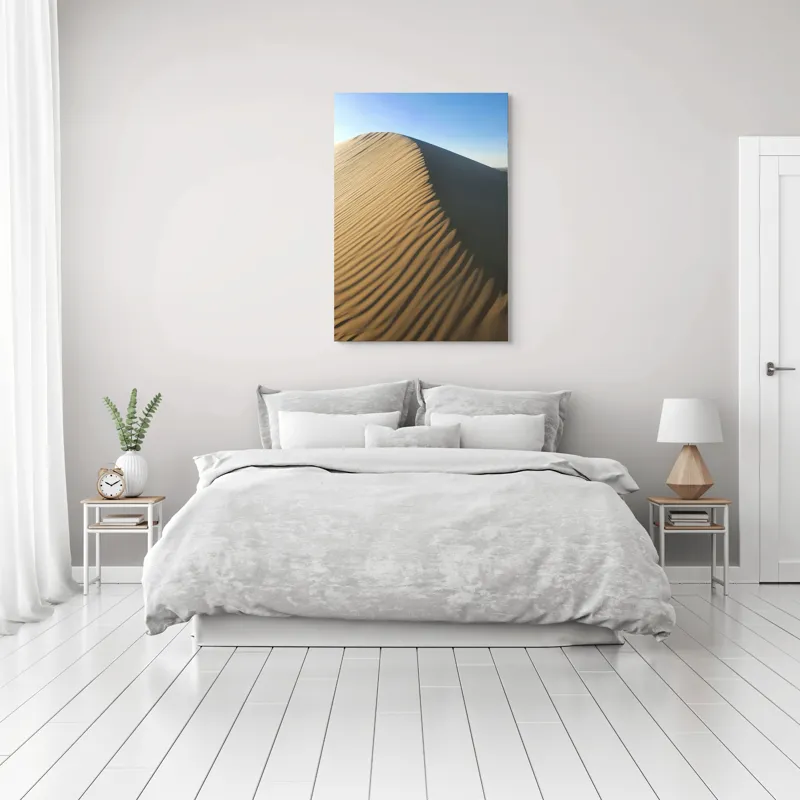 Tablou Canvas, "Umbra soarelui pe dunele lungi", Dună, Nisip, Umbră, Valuri, Lumină, Cer, Albastru, Textură, Colț, Natură, 70 x 100 cm – poza 3