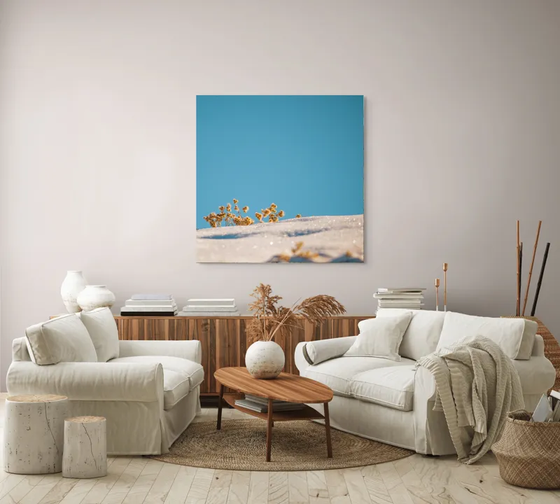 Tablou Canvas, "Flori de iarnă sub cer senin", Flori, Zăpadă, Cer, Albastru, Contrast, Lumină, Claritate, Natură, Îngheț, 100 x 100 cm – poza 3