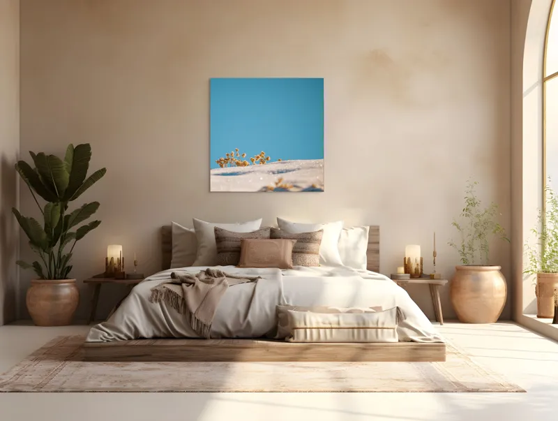 Tablou Canvas, "Flori de iarnă sub cer senin", Flori, Zăpadă, Cer, Albastru, Contrast, Lumină, Claritate, Natură, Îngheț, 100 x 100 cm – poza 4
