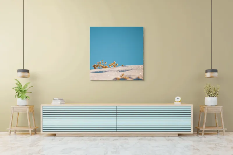 Tablou Canvas, "Flori de iarnă sub cer senin", Flori, Zăpadă, Cer, Albastru, Contrast, Lumină, Claritate, Natură, Îngheț, 100 x 100 cm – poza 5