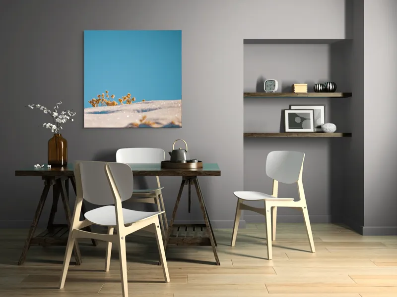 Tablou Canvas, "Flori de iarnă sub cer senin", Flori, Zăpadă, Cer, Albastru, Contrast, Lumină, Claritate, Natură, Îngheț, 100 x 100 cm – poza 6