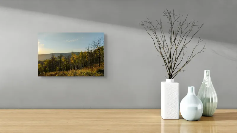 Tablou Canvas, "Apusul soarelui peste pădurea liniștită", Apus, Pădure, Toamnă, Lumină, Cer, Armonie, Natură, Dealuri, Culoare, Timp., 39 x 26 cm – poza 8