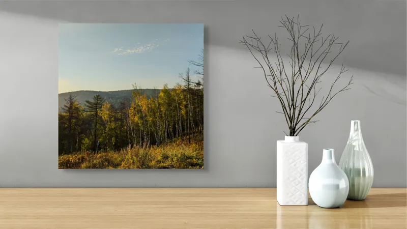 Tablou Canvas, "Apusul soarelui peste pădurea liniștită", Apus, Pădure, Toamnă, Lumină, Cer, Armonie, Natură, Dealuri, Culoare, Timp., 50 x 50 cm – poza 3