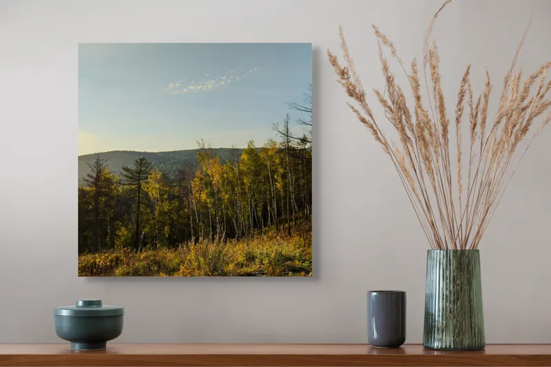 Tablou Canvas, "Apusul soarelui peste pădurea liniștită", Apus, Pădure, Toamnă, Lumină, Cer, Armonie, Natură, Dealuri, Culoare, Timp., 50 x 50 cm – poza 4