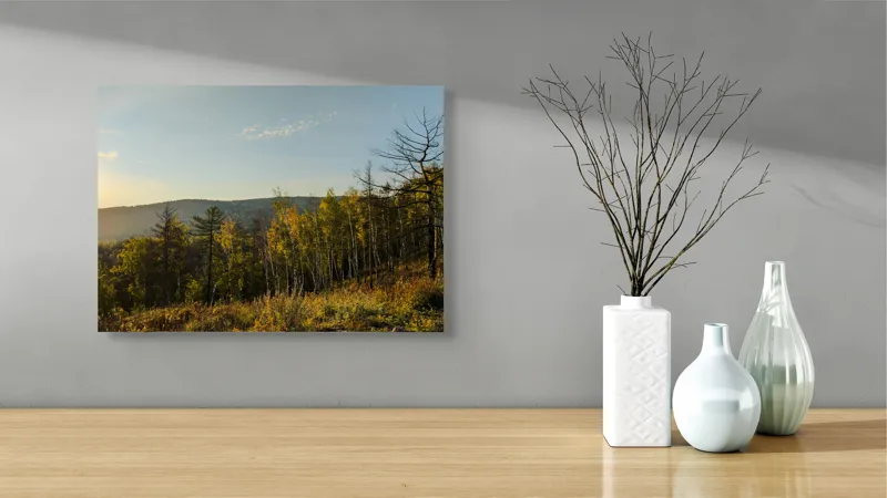 Tablou Canvas, "Apusul soarelui peste pădurea liniștită", Apus, Pădure, Toamnă, Lumină, Cer, Armonie, Natură, Dealuri, Culoare, Timp., 54 x 39 cm – poza 3