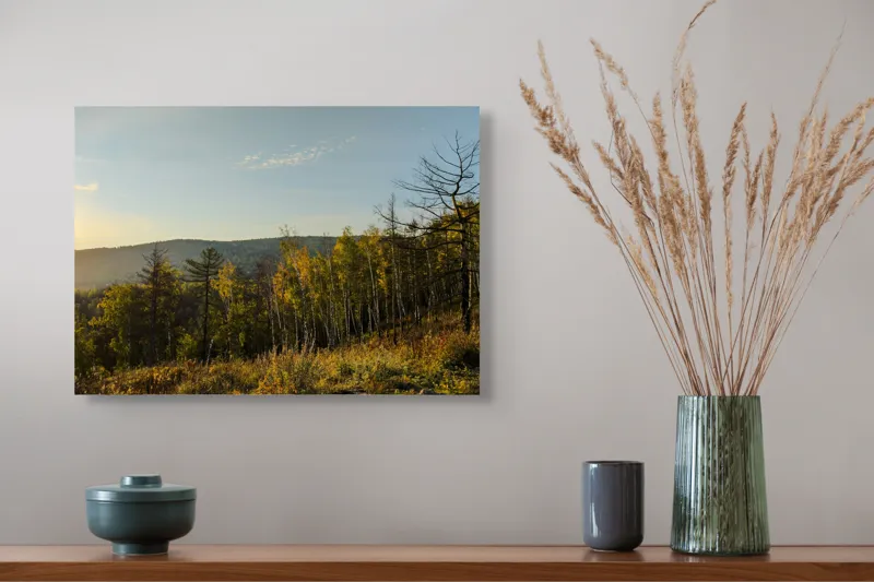 Tablou Canvas, "Apusul soarelui peste pădurea liniștită", Apus, Pădure, Toamnă, Lumină, Cer, Armonie, Natură, Dealuri, Culoare, Timp., 54 x 39 cm – poza 4