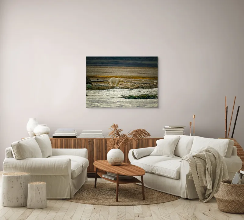 Tablou Canvas, "Urs polar pe țărm nordic stâncos", Urs, Gheață, Peisaj, Singurătate, Natură, Polar, Apă, Pământ, Contrast, Supraviețuire, 100 x 70 cm – poza 3