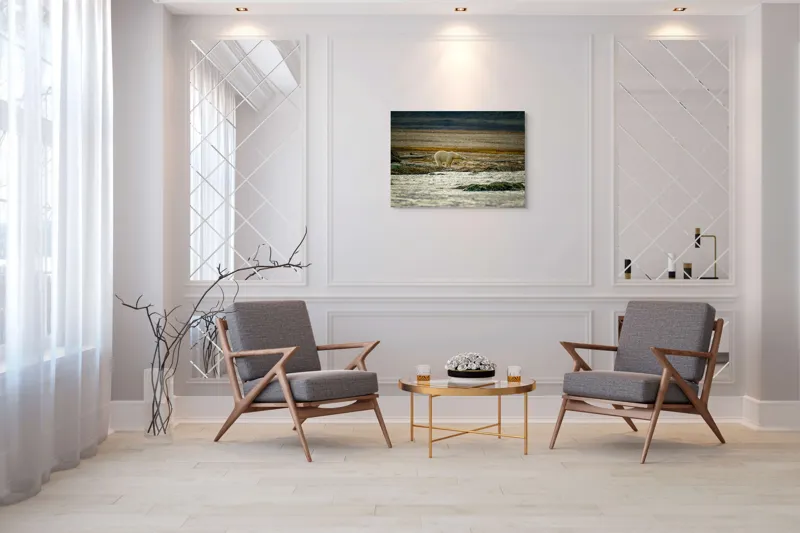 Tablou Canvas, "Urs polar pe țărm nordic stâncos", Urs, Gheață, Peisaj, Singurătate, Natură, Polar, Apă, Pământ, Contrast, Supraviețuire, 100 x 70 cm – poza 5