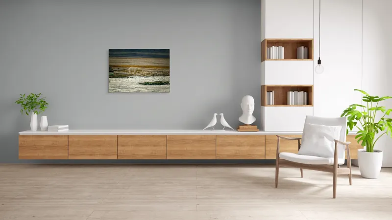 Tablou Canvas, "Urs polar pe țărm nordic stâncos", Urs, Gheață, Peisaj, Singurătate, Natură, Polar, Apă, Pământ, Contrast, Supraviețuire, 100 x 70 cm – poza 6