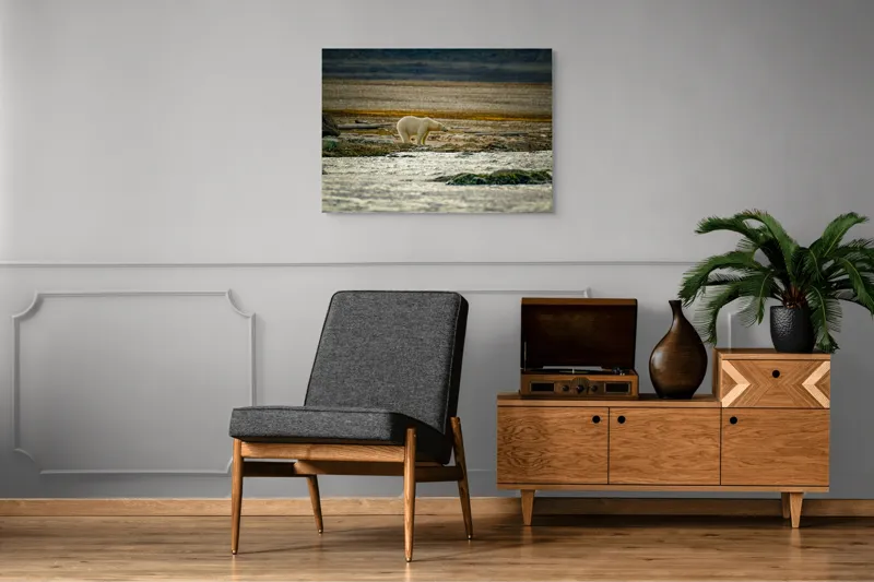 Tablou Canvas, "Urs polar pe țărm nordic stâncos", Urs, Gheață, Peisaj, Singurătate, Natură, Polar, Apă, Pământ, Contrast, Supraviețuire, 100 x 70 cm – poza 8