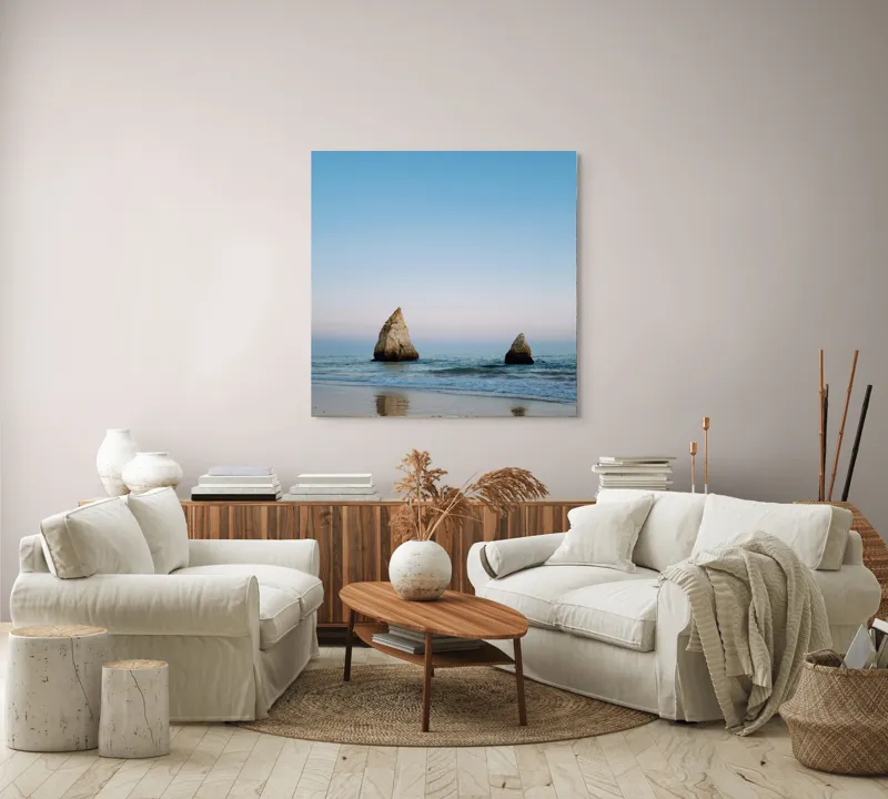Tablou Canvas, "Stâncile tăcute ale dimineții marine", Cer, Stânci, Ocean, Reflecție, Plajă, Liniște, Apus, Orizont, Frumusețe, Natură, 100 x 100 cm – poza 3