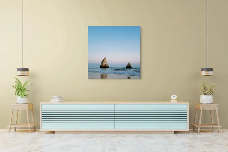 Tablou Canvas, "Stâncile tăcute ale dimineții marine", Cer, Stânci, Ocean, Reflecție, Plajă, Liniște, Apus, Orizont, Frumusețe, Natură, 100 x 100 cm – poza 5
