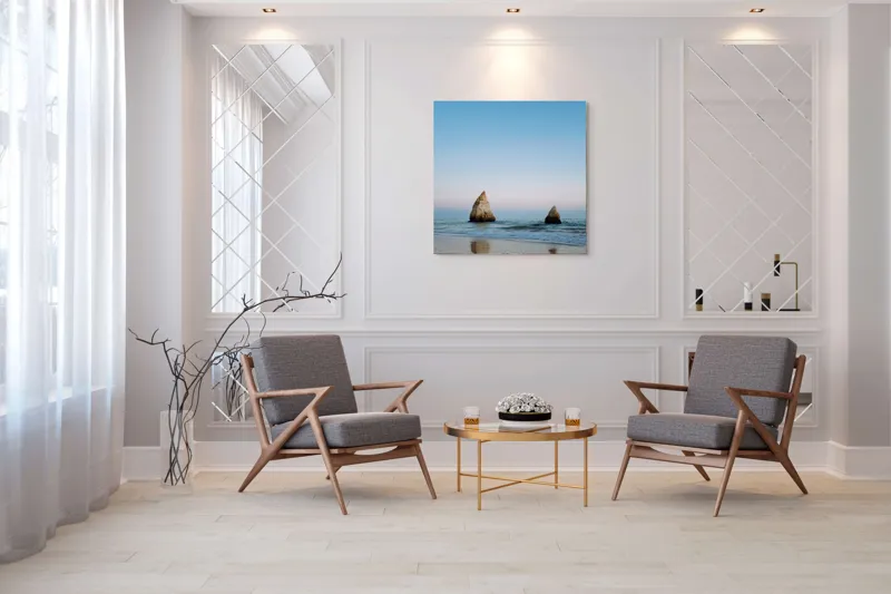 Tablou Canvas, "Stâncile tăcute ale dimineții marine", Cer, Stânci, Ocean, Reflecție, Plajă, Liniște, Apus, Orizont, Frumusețe, Natură, 100 x 100 cm – poza 7