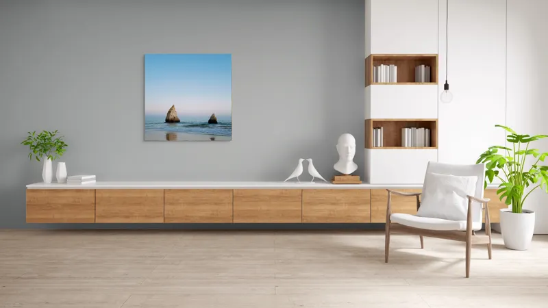 Tablou Canvas, "Stâncile tăcute ale dimineții marine", Cer, Stânci, Ocean, Reflecție, Plajă, Liniște, Apus, Orizont, Frumusețe, Natură, 100 x 100 cm – poza 8