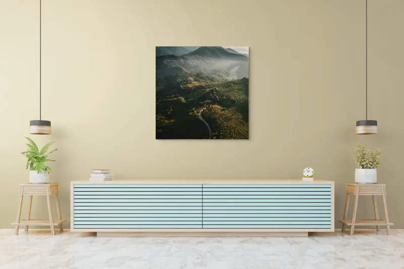 Tablou Canvas, "Drumul serpuit spre munți învăluiți", Coline, Ceață, Cărare, Vegetație, Cer, Lumină, Umbre, Peisaj., 100 x 100 cm – poza 5