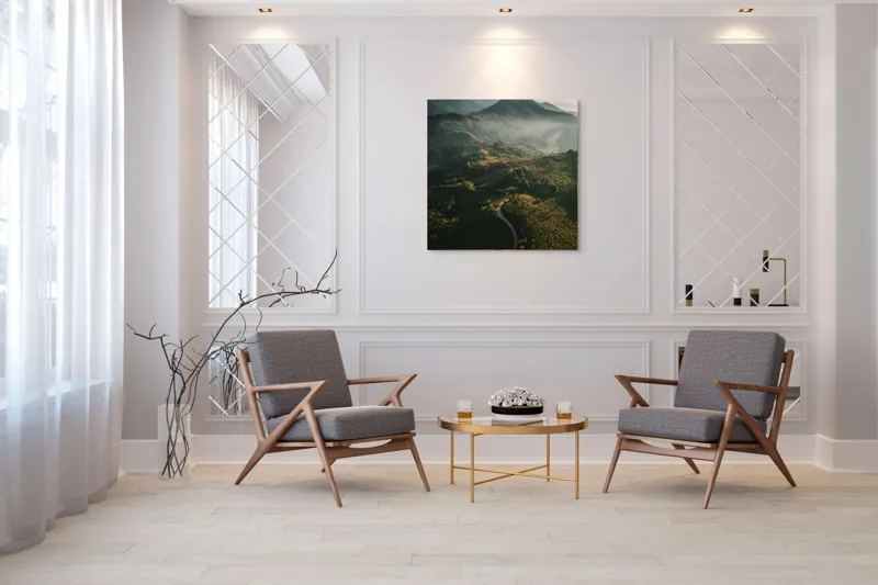 Tablou Canvas, "Drumul serpuit spre munți învăluiți", Coline, Ceață, Cărare, Vegetație, Cer, Lumină, Umbre, Peisaj., 100 x 100 cm – poza 7