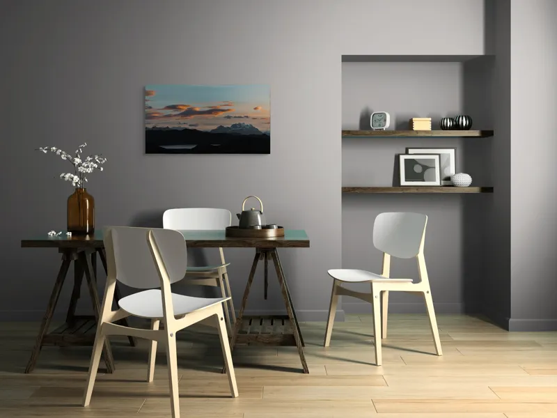 Tablou Canvas, "Cerul prinde culorile apusului linistit", Cer, Nori, Munți, Lac, Siluetă, Apus, Peisaj, Lumină, Umbre, Natură, 90 x 50 cm – poza 3