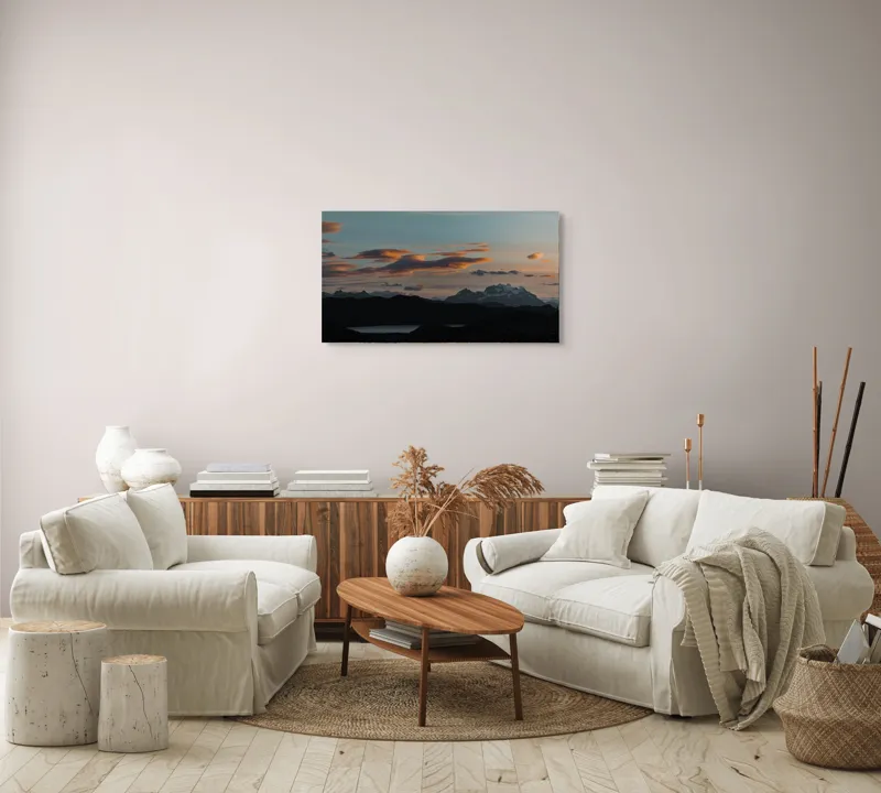 Tablou Canvas, "Cerul prinde culorile apusului linistit", Cer, Nori, Munți, Lac, Siluetă, Apus, Peisaj, Lumină, Umbre, Natură, 90 x 50 cm – poza 4