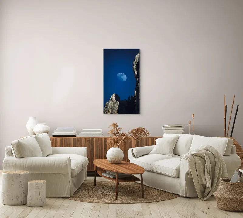 Tablou Canvas, "Luna și stâncile îmbrățișând cerul", Lună, Cer, Piatră, Stâncă, Noapte, Mister, Frumusețe, Natură, 50 x 90 cm – poza 7