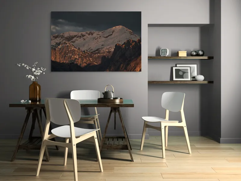 Tablou Canvas, "Lumina apusului peste munții înzăpeziți", Mister, Măreție, Lumină, Umbre, Contraste, Răsărit, Platou, Stânci, Vârfuri, Pământ, Nori, Cer, Înalt., 150 x 100 cm – poza 5