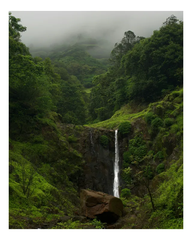 Tablou Canvas, "Cascada tainică din inima pădurii", Cascadă, Pădure, Stâncă, Ceață, Verdeață, Sălbăticie, Natură, Liniște, Mister, Răcoare, 50 x 90 cm
