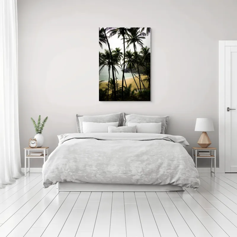 Tablou Canvas, "Plaja liniștită sub palmieri înalți", Palmiere, Plajă, Apă, Nisip, Țărm, Natură, Liniște, Verdeață, Exotism, Peisaj, 70 x 100 cm – poza 3