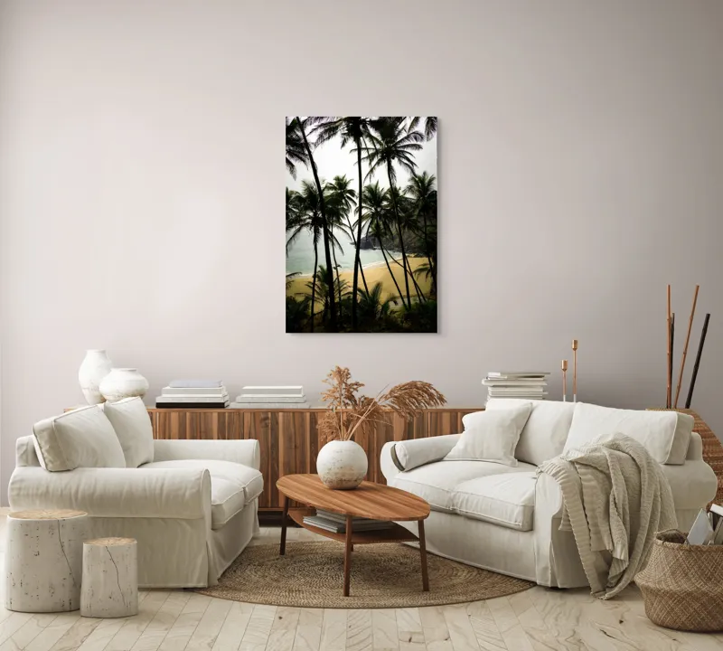 Tablou Canvas, "Plaja liniștită sub palmieri înalți", Palmiere, Plajă, Apă, Nisip, Țărm, Natură, Liniște, Verdeață, Exotism, Peisaj, 70 x 100 cm – poza 4