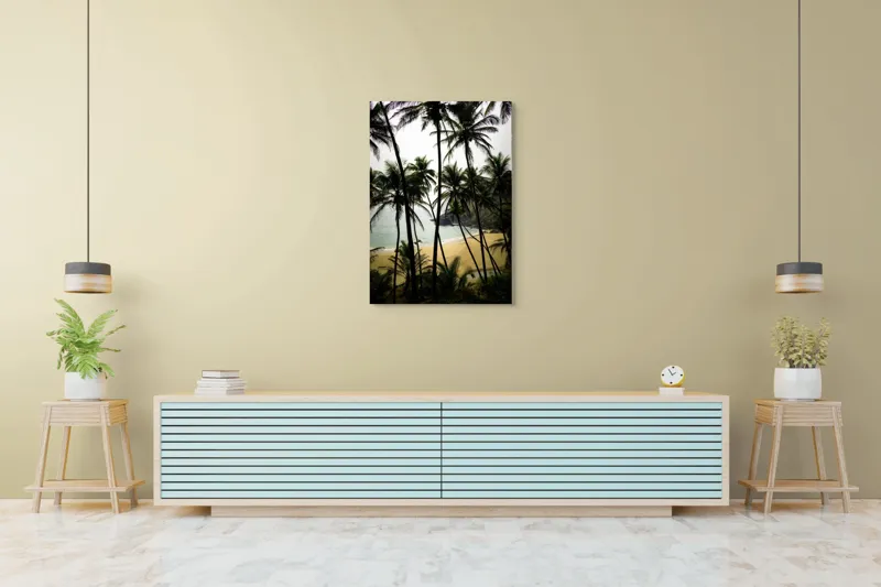 Tablou Canvas, "Plaja liniștită sub palmieri înalți", Palmiere, Plajă, Apă, Nisip, Țărm, Natură, Liniște, Verdeață, Exotism, Peisaj, 70 x 100 cm – poza 5