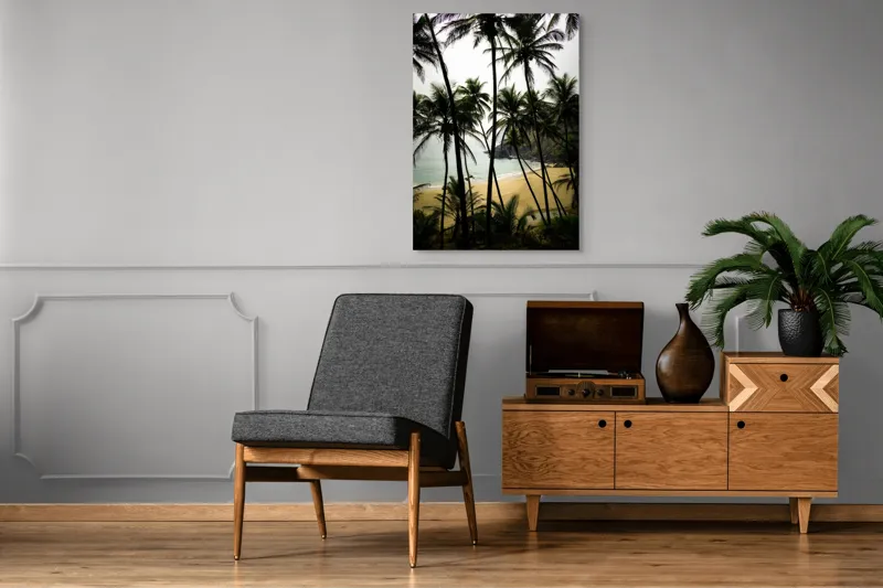 Tablou Canvas, "Plaja liniștită sub palmieri înalți", Palmiere, Plajă, Apă, Nisip, Țărm, Natură, Liniște, Verdeață, Exotism, Peisaj, 70 x 100 cm – poza 6
