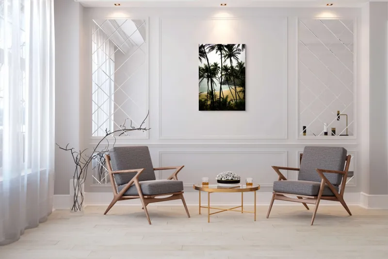 Tablou Canvas, "Plaja liniștită sub palmieri înalți", Palmiere, Plajă, Apă, Nisip, Țărm, Natură, Liniște, Verdeață, Exotism, Peisaj, 70 x 100 cm – poza 8