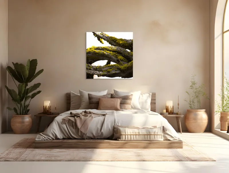 Tablou Canvas, "Crengile bătrânului copac cu mușchi", Mușchi, Arbore, Textură, Veștejit, Natură, Verde, Crengi, Lumină., 100 x 100 cm – poza 4