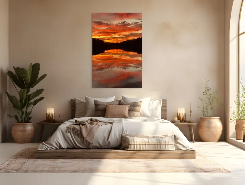 Tablou Canvas, "Focul cerului oglindit în ape", Apus, Reflecție, Cer, Nori, Lumină, Apă, Siluetă, Pădure, Roșu, Portocaliu, 100 x 150 cm – poza 3
