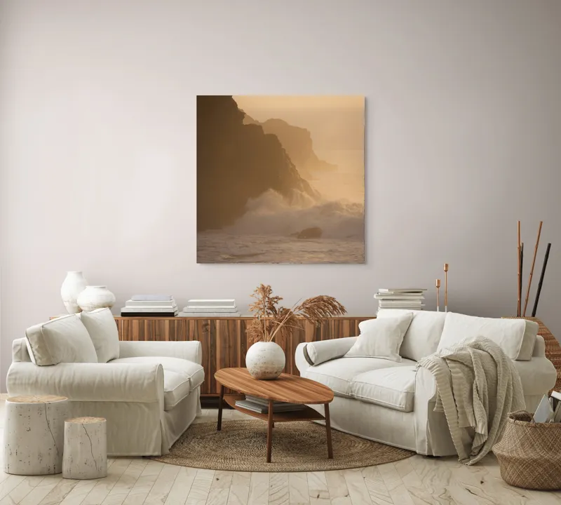 Tablou Canvas, "Valuri și stânci la apus", Apus, Stânci, Valuri, Ceață, Ocean, Lumină, Aurie, Peisaj, Natură, Calm., 100 x 100 cm – poza 3