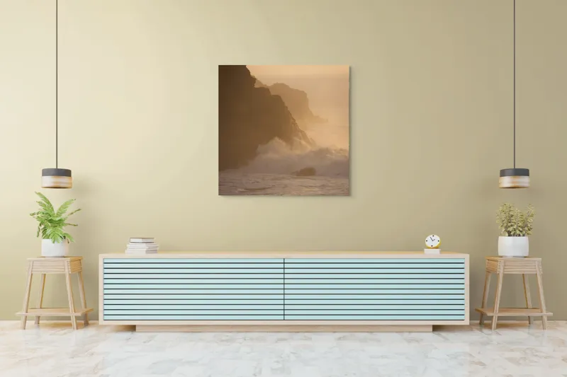 Tablou Canvas, "Valuri și stânci la apus", Apus, Stânci, Valuri, Ceață, Ocean, Lumină, Aurie, Peisaj, Natură, Calm., 100 x 100 cm – poza 5