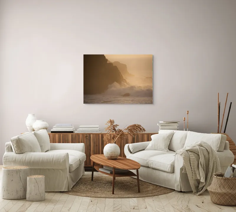 Tablou Canvas, "Valuri și stânci la apus", Apus, Stânci, Valuri, Ceață, Ocean, Lumină, Aurie, Peisaj, Natură, Calm., 100 x 70 cm – poza 3