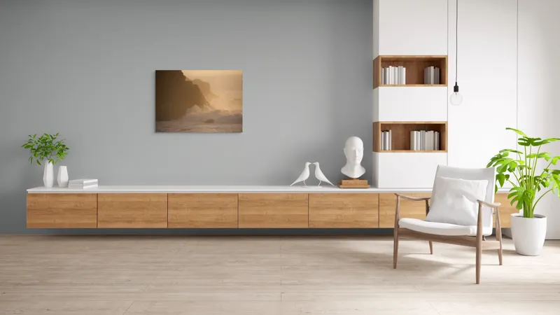 Tablou Canvas, "Valuri și stânci la apus", Apus, Stânci, Valuri, Ceață, Ocean, Lumină, Aurie, Peisaj, Natură, Calm., 100 x 70 cm – poza 6