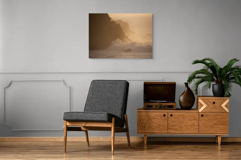 Tablou Canvas, "Valuri și stânci la apus", Apus, Stânci, Valuri, Ceață, Ocean, Lumină, Aurie, Peisaj, Natură, Calm., 100 x 70 cm – poza 8