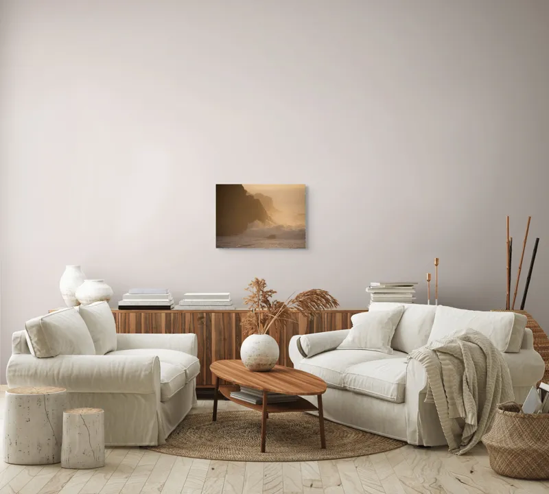 Tablou Canvas, "Valuri și stânci la apus", Apus, Stânci, Valuri, Ceață, Ocean, Lumină, Aurie, Peisaj, Natură, Calm., 54 x 39 cm – poza 5