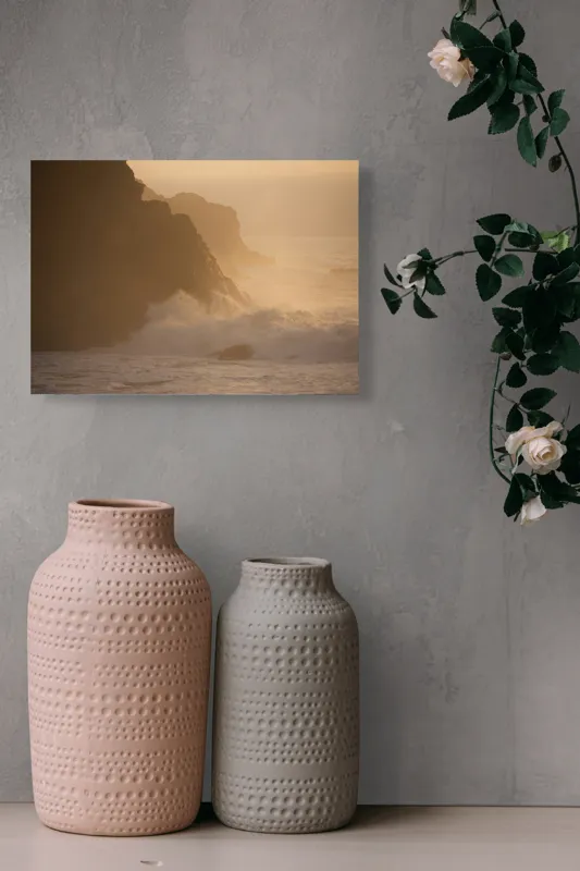 Tablou Canvas, "Valuri și stânci la apus", Apus, Stânci, Valuri, Ceață, Ocean, Lumină, Aurie, Peisaj, Natură, Calm., 54 x 39 cm – poza 8