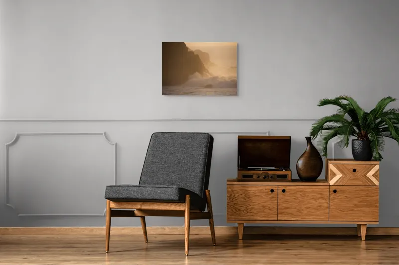Tablou Canvas, "Valuri și stânci la apus", Apus, Stânci, Valuri, Ceață, Ocean, Lumină, Aurie, Peisaj, Natură, Calm., 70 x 50 cm – poza 4