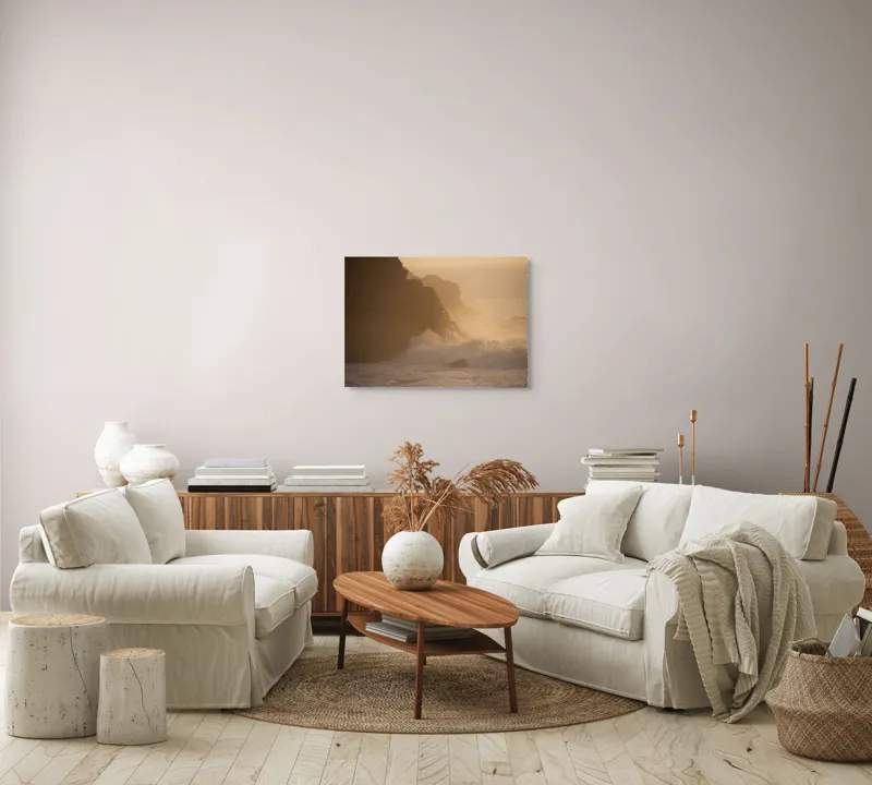 Tablou Canvas, "Valuri și stânci la apus", Apus, Stânci, Valuri, Ceață, Ocean, Lumină, Aurie, Peisaj, Natură, Calm., 70 x 50 cm – poza 6